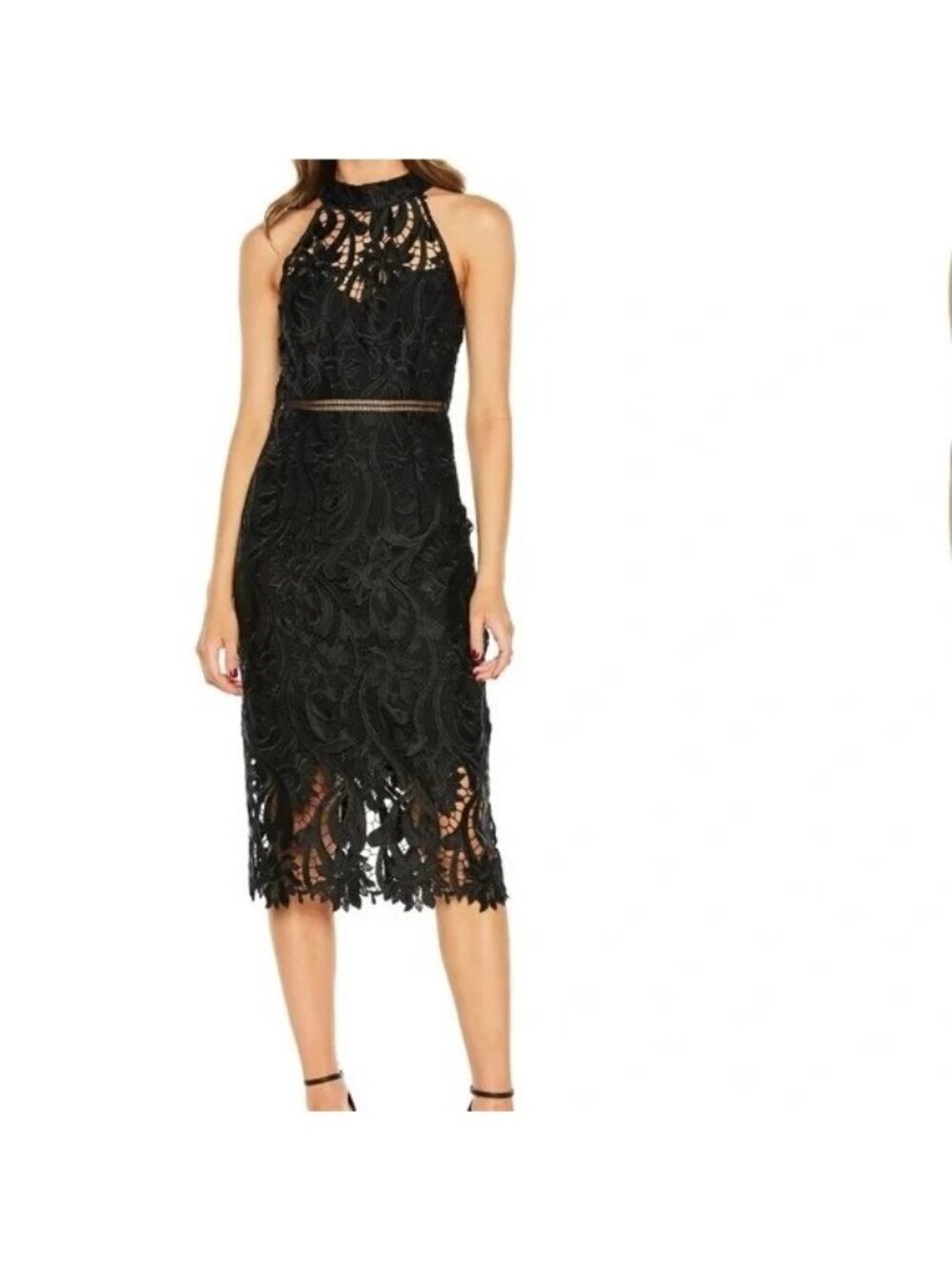 Bardot Black Lace Halter Midi Dress Sz 6 Sheath Overlay Open Back Cocktail